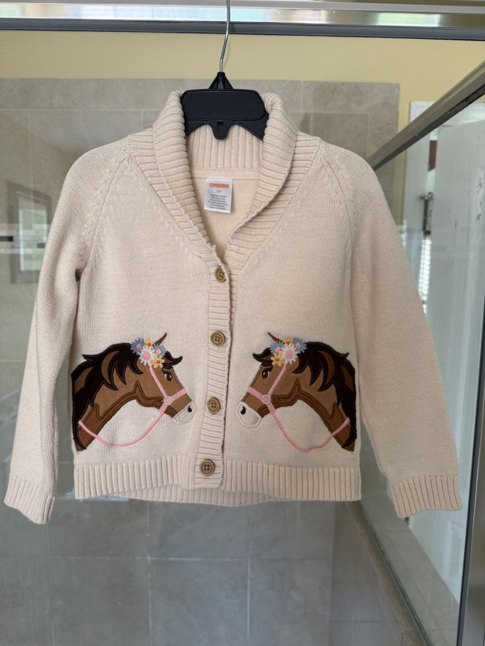 Gymboree Cream Shawl Collar Cardigan with Horse Appliqués. Size 3T